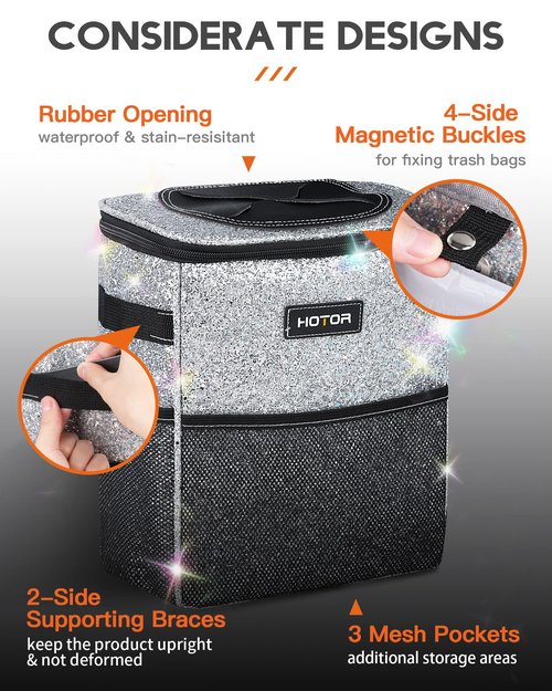 HOTOR Car Trash Can with Lid and Storage Pockets - 100% Leak-Proof Organizer, Waterproof Garbage Can, Multipurpose Trash Bin for Car, 2 Gallons, Sparkle White