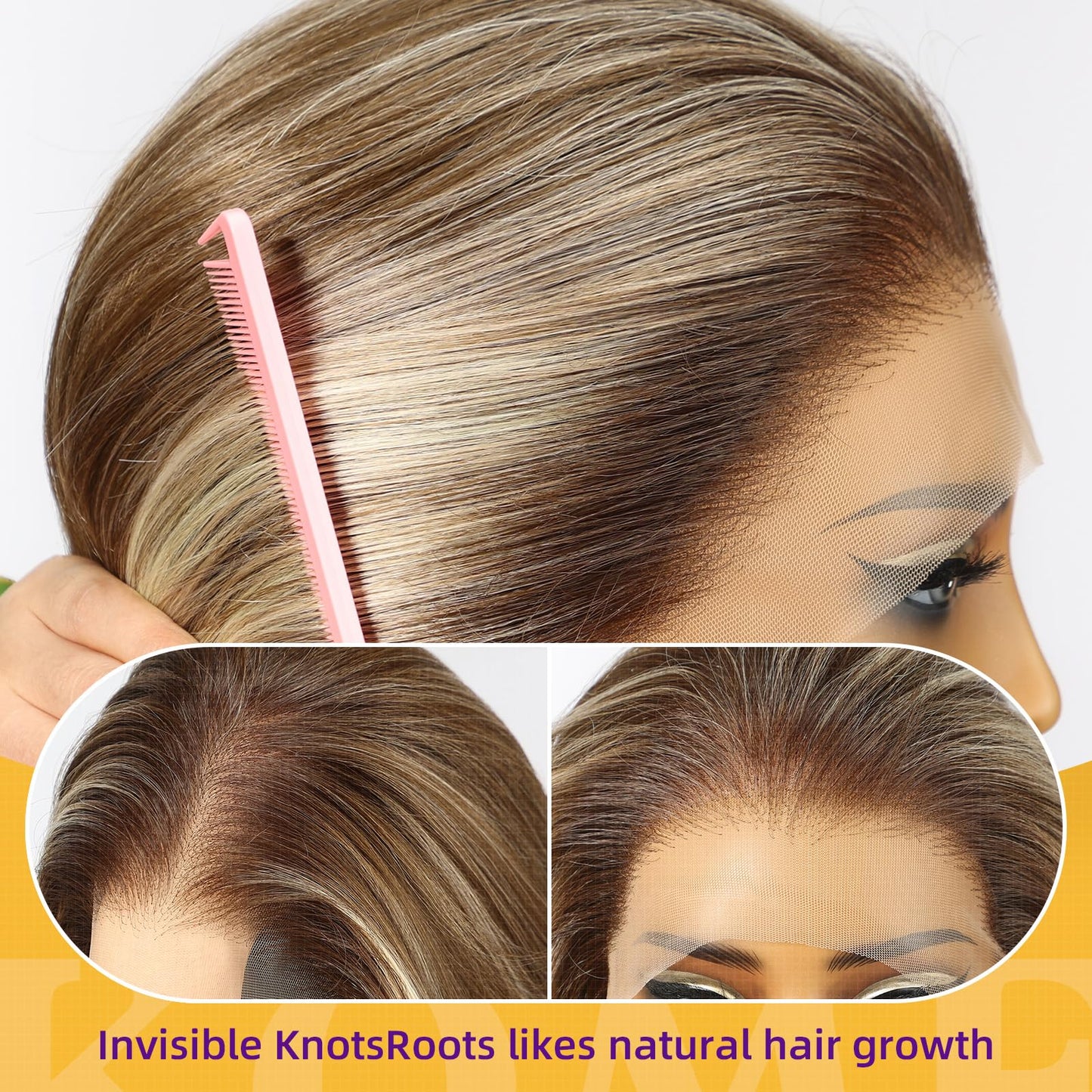 KOME Ash Blonde Highlight Synthetic Lace Front Wig,13×6 HD Short Straight Glueless Bob Wig for White Women Daily Use 12IN（#TT6/166）