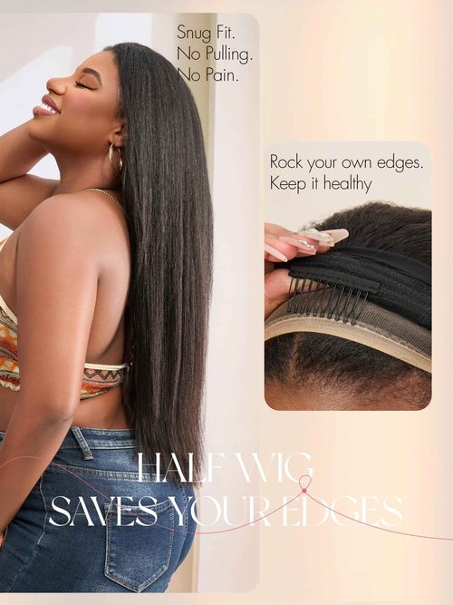 LUVME HAIR Half Wig Yaki Straight Flexi-Fit Invisi 3 in 1 Wigs Flip Drawstring Wig 200% Density Glueless Wigs 100% Human Hair Natural Black Ready to Go Headband Wig for Women 16 Inches