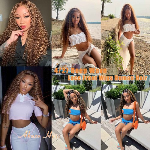 AKUZO Highlight Ombre Deep Wave Lace Front Wigs Human Hair 13x6 Lace Front HD Lace Front Wigs 4/27 Honey Blonde Lace Frontal 200 Density Glueless Wigs Pre Plucked Baby Hair 20inch
