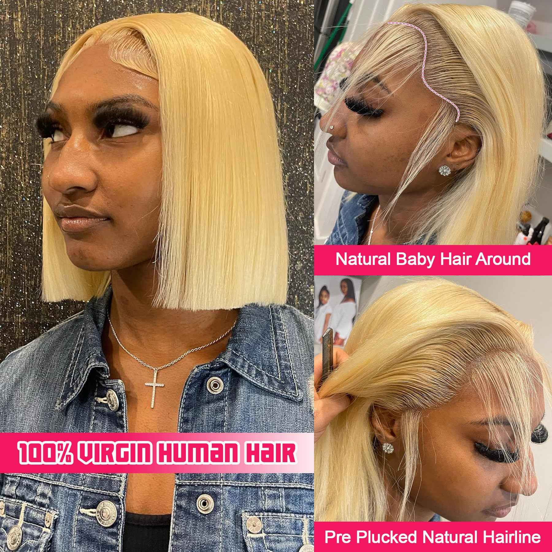 Honey Blonde 13x6 Transparent Lace Frontal Wigs For Black Women 180% Density 13x6 Blonde Short Straight Lace Bob Wigs Human Hair Pre Plucked Brazilian Remy Human Hair Blonde Glueless Lace Wig 16 Inch