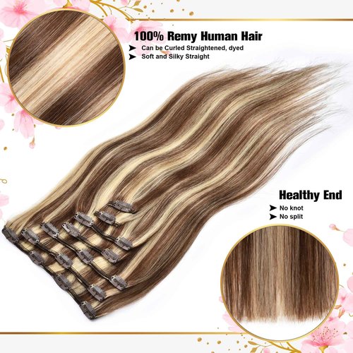 Clip in Hair Extensions Real Human Hair 16inch 120g 7Pcs Real Human Hair Clip in Extensions #P4/613 Medium Brown with Blonde Clips in Human Hair