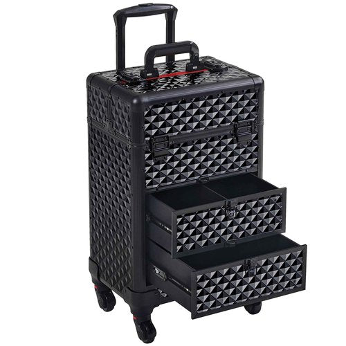 Yaheetech Rolling Makeup Train Case with Drawers Professional Nail Tech Travel Case Cosmetics Storage Organizer Beauty/Nail Art/Hair Styling Travelling Cart Trunk Black