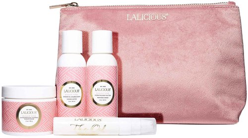 LaLicious Sugar Kiss Travel Set - Whipped Sugar Scrub, Shower Gel / Bubble Bath, Body Butter & Body Oil in a Luxe Velour Makeup Bag (4 Piece Kit)