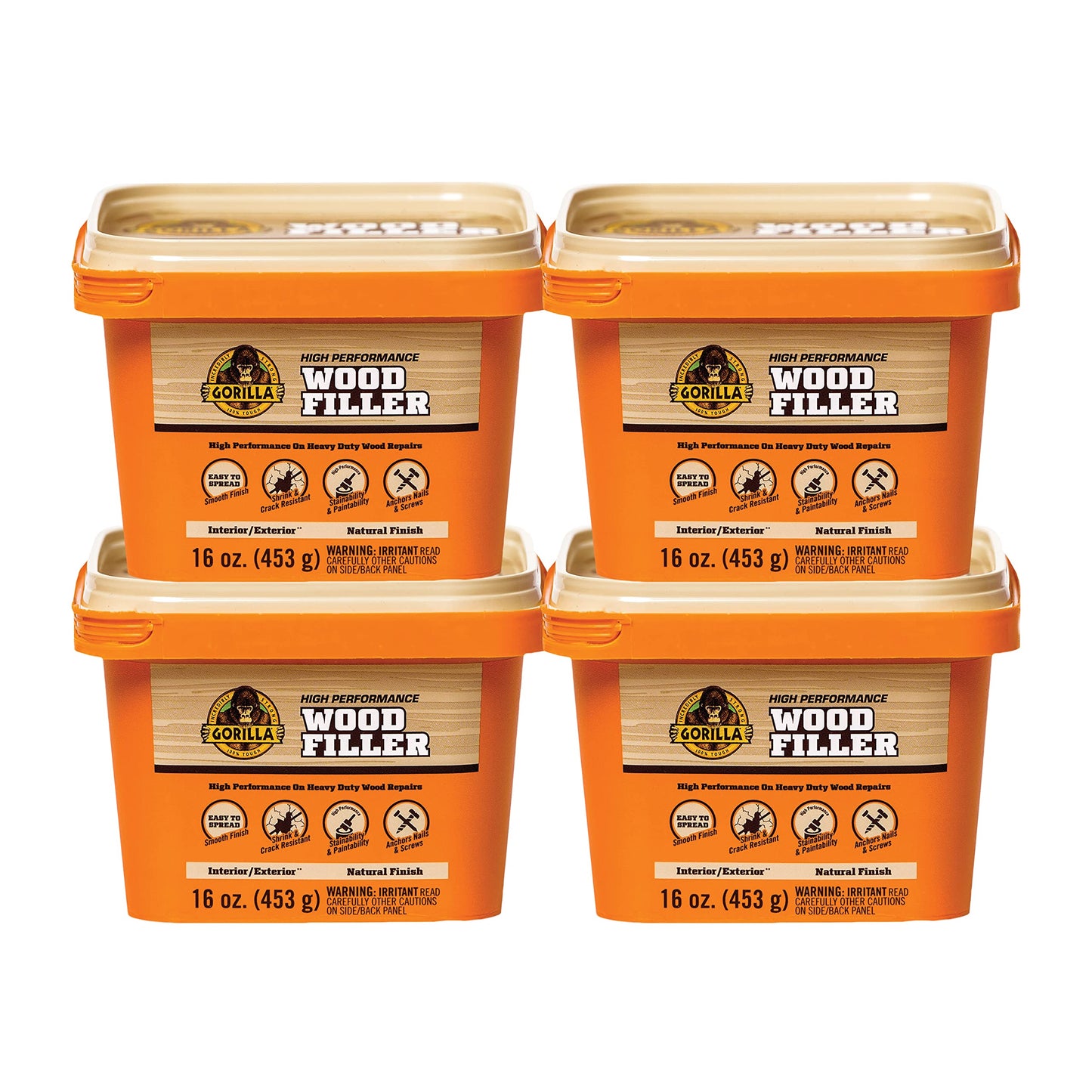 Gorilla All Purpose Wood Filler, Natural Finish, 16 Ounce Tub (Pack of 4) - Water Resistant for Indoor or Outdoor Projects and Repairs