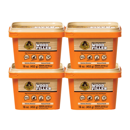 Gorilla All Purpose Wood Filler, Natural Finish, 16 Ounce Tub (Pack of 4) - Water Resistant for Indoor or Outdoor Projects and Repairs