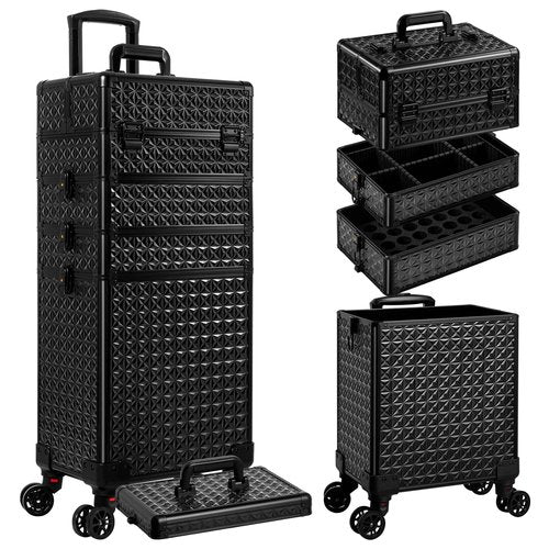 AROUS 5 in 1 Rolling Makeup Train Case Cosmetology Case on Wheels Large Cosmetic Organizer Travel Cart for Hairstylist Artist Nail Beauty Salon Barber,Black