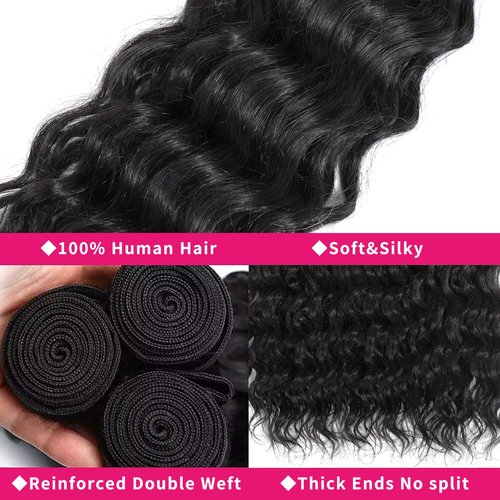 Deep Wave Human Hair Bundles 18 20 22 Inch 100% Unprocessed Brazilain Virgin Hair Water Curly Human Hair Natural Wave Wet and Wavy Bundles Human Hair Extensions