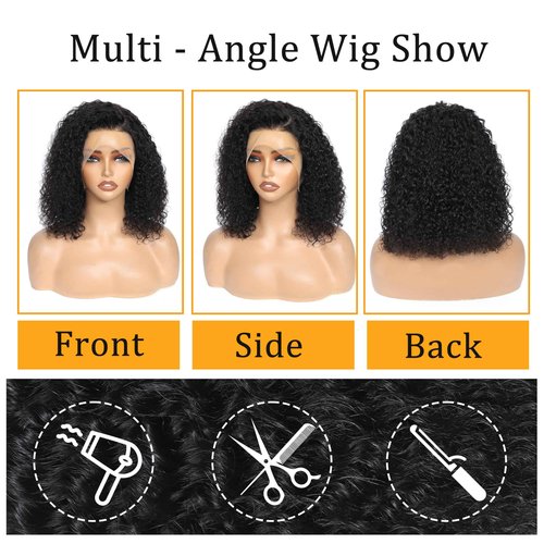 DZFAYESM 13x4 Deep Wave Lace Front Wigs Human Hair 200% Density Black Curly Human Hair Wig Short Natural Wigs for Black Women Transparent Lace Frontal Wig for Daily Wear 18 Inch