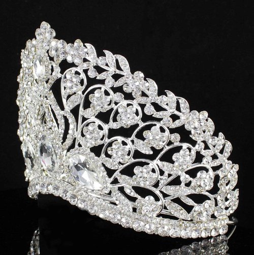 Janefashions Large Floral Clear White Austrian Rhinestone Crystal Tiara Crown With Hair Comb Headband Veil Headpiece Beauty Queen Princess Pageant Theater Show Bridal Gold Plated Silver Plated T901 (Silver Plated)