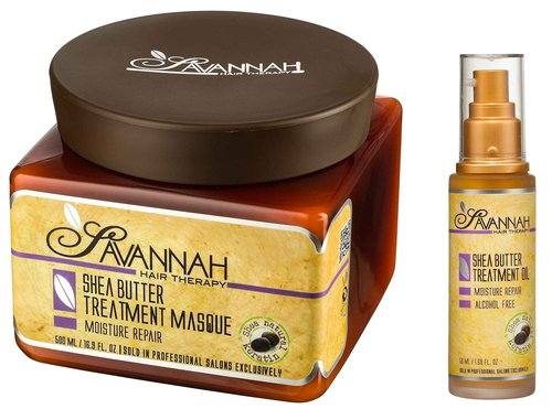 Savannah Hair Therapy Bundle - Shea Butter Treatment Oil 1.69 oz (50ml) + Hair Mask 16.9 oz (500ml), Deep Conditioner, Natural Keratin Treatment for Dry Damaged hair, vitamin B6, Sodium Chloride Free.