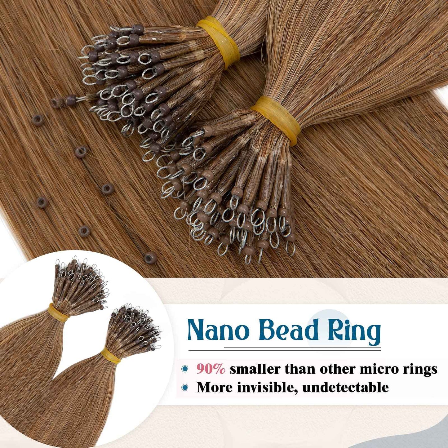 Nano Ring Human Hair Extensions Pre Bonded Keratin Fusion Stick Tip Iron Loop Link 50 strands 75g Straight Micro Bead Remy Hairpiece for Women Highlighted 20inch Light Auburn #30