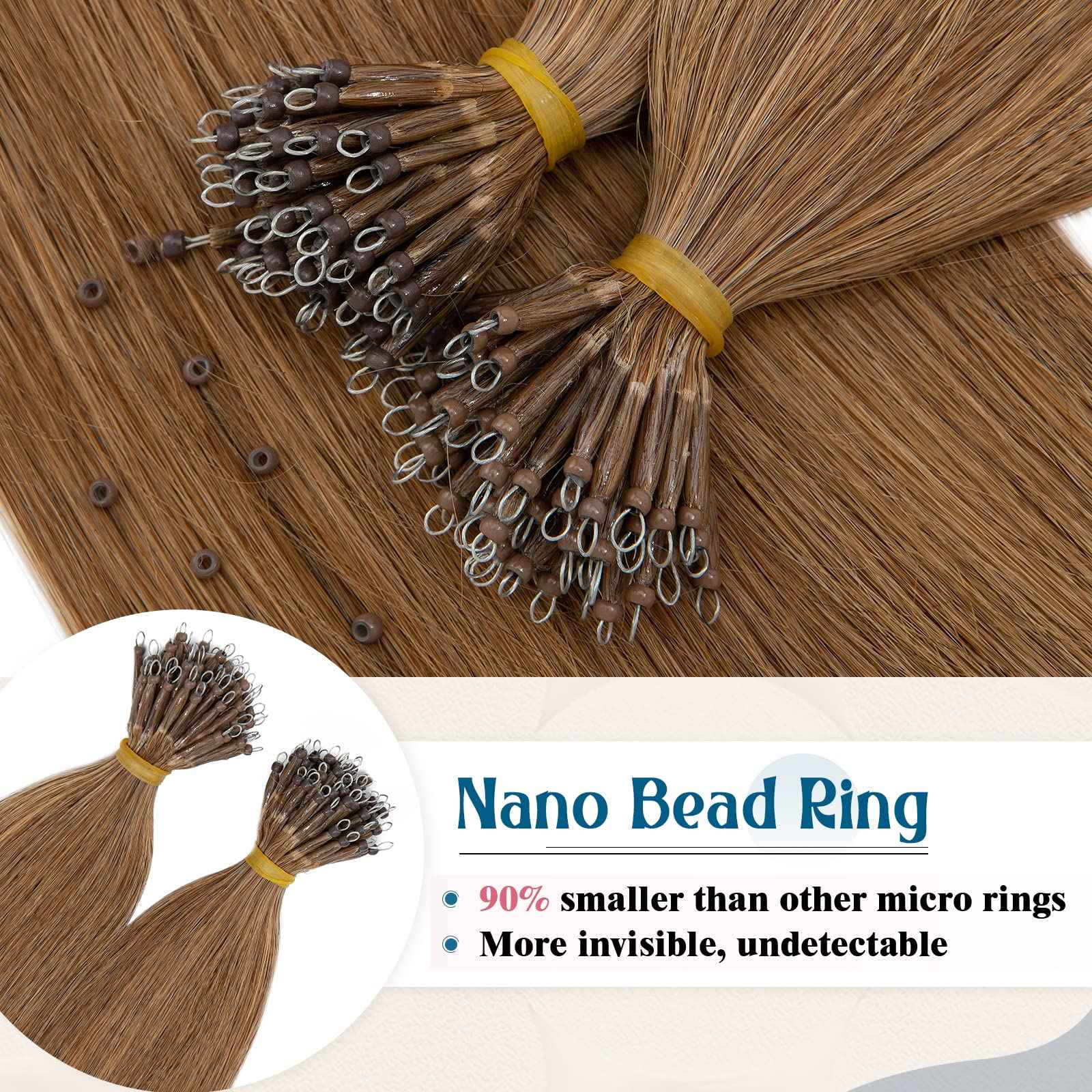 Nano Ring Human Hair Extensions Pre Bonded Keratin Fusion Stick Tip Iron Loop Link 50 strands 75g Straight Micro Bead Remy Hairpiece for Women Highlighted 20inch Light Auburn #30