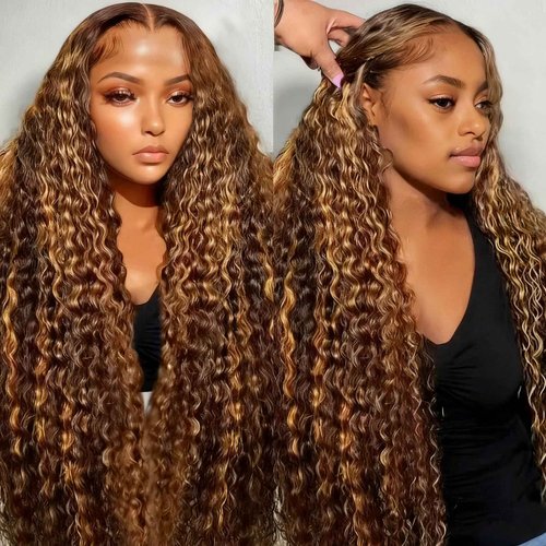 Aimking Honey Blonde Human Hair Wig Ombre Highlight 4/27 Deep Wave Lace Front Wigs Human Hair Curly Wig 180% Density Lace Frontal Wigs (26 Inch)