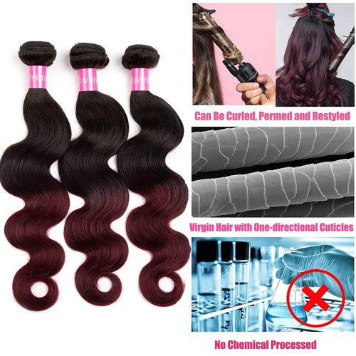 Lovenea Ombre Brazilian Virgin Hair Body Wave Human Hair Bundles 16+18+20 inch 3 Bundles 100% Virgin Hair Bundles 2 Tone Black to Burgundy Human Hair Weave (16 18 20, T99J#)