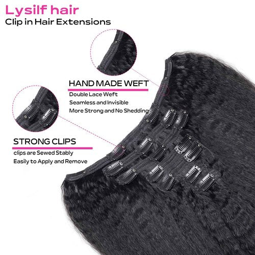 Lysilf Kinky Straight Clip in Hair Extensions Full Head Brazilian Virgin Human Hair Kinky Straight Clip ins for Black Women,7Pcs whit 16 Clips Double Lace Weft,100Gram Natural Black(22Inch, 1B)