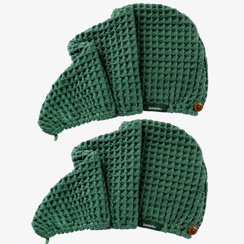 KOSMU Hair Towel | 100% Cotton Silk Hair-Drying Waffle Wrap Turban for Women, Ultra-Absorbent, Anti Frizz, Hair Damage Protection for Straight and Curly Hair (Forest Green, 2 Pack)