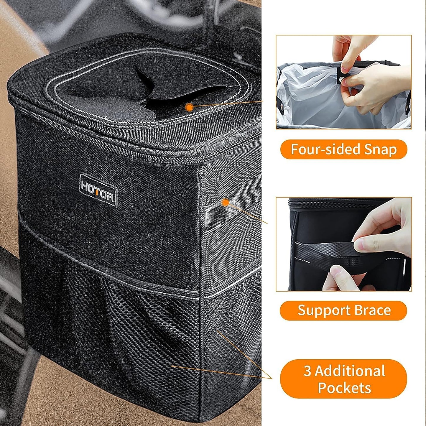 HOTOR 3 Gallons Car Trash Can, Ultra Large Capacity Organizer and Storage with Adjustable Straps & Magnetic Snaps, Waterproof Car Accessory for Interior Car Stuff Storage, Black