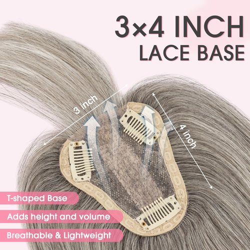 TESS Real Human Hair Topper for Women Clip In Bangs Handmade Lace Base 3 Clips Enhanced Coverage Stylish & Comfortable 8×10cm, 08 Inch, Grey