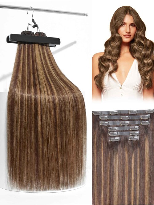 Frodio Clip Ins Hair Extensions Black: Remy Real Human Hair Pu Seamless Silk Long Straight Invisible Full Thick Virgin Brazilian Brown Highlight Color Beauty For Women Can Be Body Wave 100g 7 Piece
