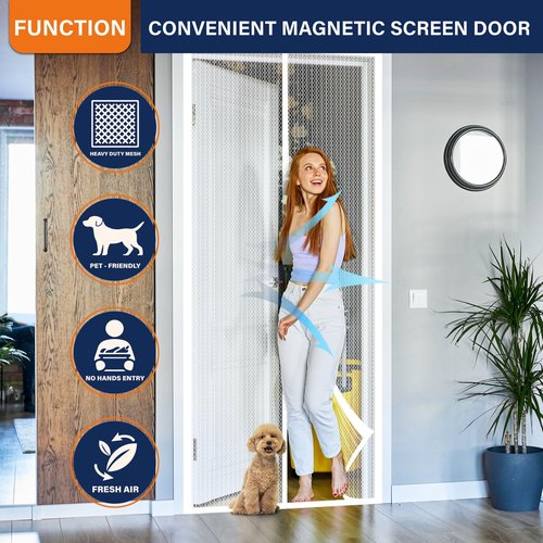 Magnetic Screen Door, Heavy Duty Door Screen Magnetic Closure Keep Bugs Out,Pet & Kid Friendly，Hands Free Door Screen Fit Door Size 32 x 80 Inches White