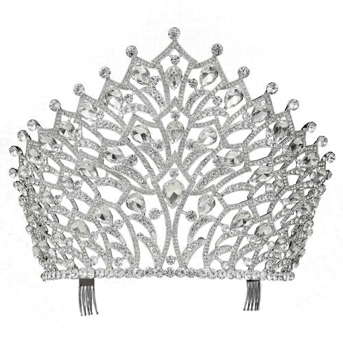Janefashions 5.75" Tall Large Tiara Crown With Hair Combs, Clear White Austrian Rhinestone Crystal Metal Tiara Pageant Show Parade Wedding Bridal Birthday Queen T2306