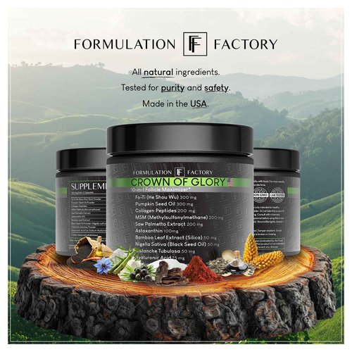 Formulation Factory Crown of Glory 10-in-1 Hair Growth Maximizer, DHT Blocker with Saw Palmetto, Fo-Ti, Collagen, Supports Thicker Hair & Scalp Health (2 Month Supply, 120 Capsules)