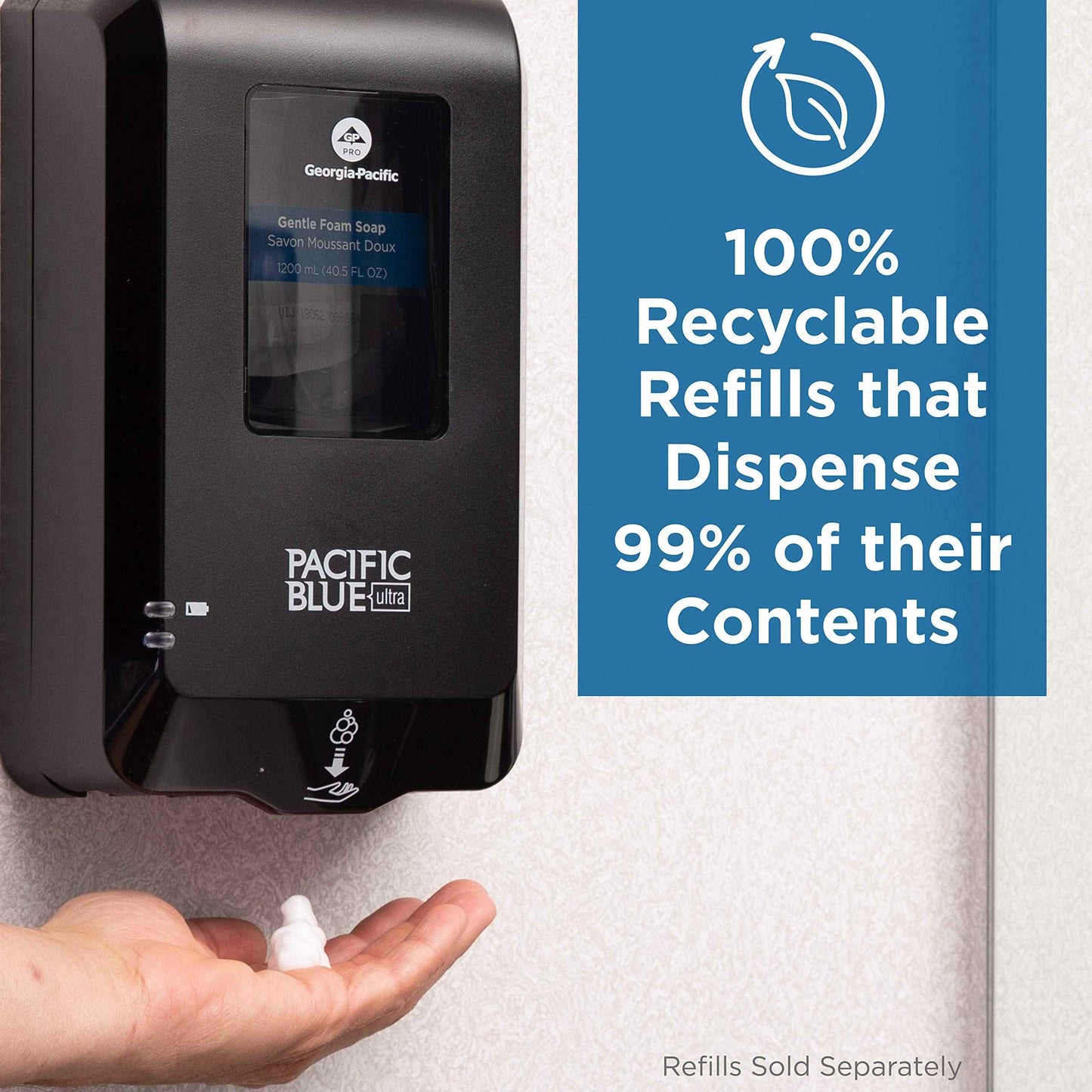 Georgia-Pacific-43822 Pacific Blue Ultra Antimicrobial Foam Soap Refills for Automated Touchless Soap Dispenser, Dye and Fragrance Free, 3 Bottles/Case