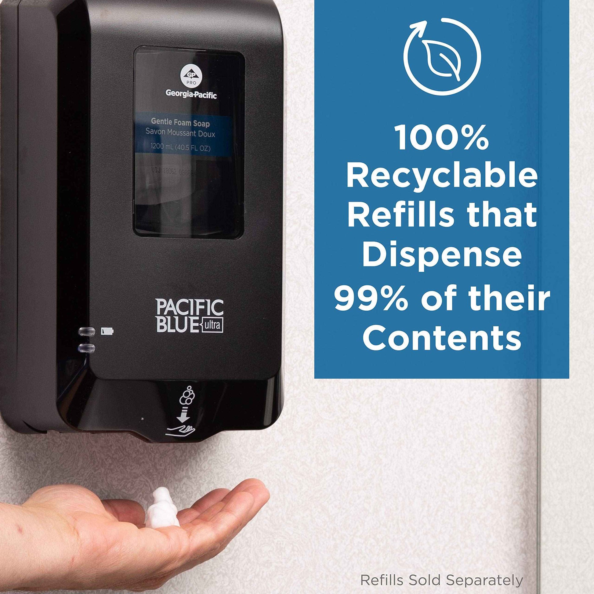 Georgia-Pacific-43822 Pacific Blue Ultra Antimicrobial Foam Soap Refills for Automated Touchless Soap Dispenser, Dye and Fragrance Free, 3 Bottles/Case
