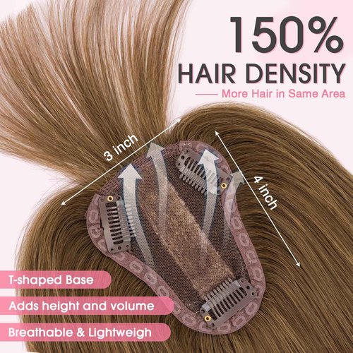 TESS Real Human Hair Topper for Women Clip In Bangs Handmade Lace Base 3 Clips Enhanced Coverage Stylish & Comfortable 8×10cm, 12 Inch, Medium Brown
