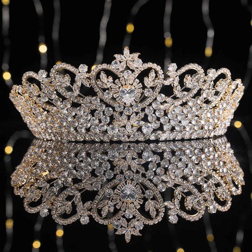 Gold Quinceanera Crown Heart Shaped Zirconia Diamond Princess Pageant Queen Wedding Tiara for Bride Bridal Hair Accessories
