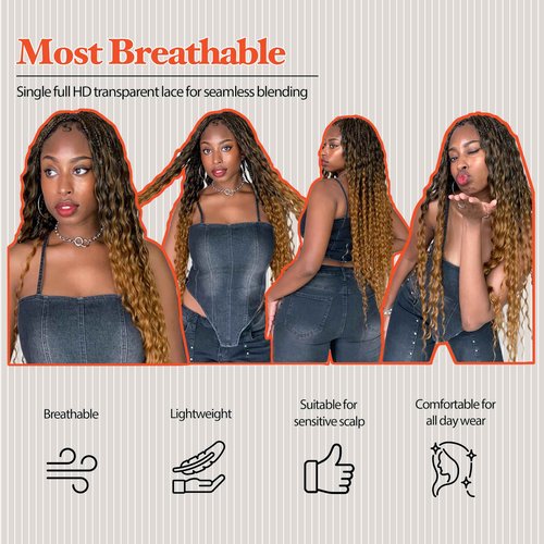 RAHELMO Single Full Lace Braid Wig – Micro Boho Peruvian Deep Wave Box Braided Wig, Knotless Braided Wigs for Black Women, Curly Hair Wig, with Natural Baby Hair (#1B27 Off Black and Light Brown, 24")