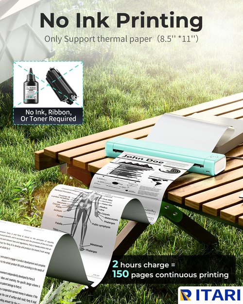 Itari M08F Portable Printers Wireless Travel - Thermal Bluetooth Mobile Printer for Phone & Tablet & Laptop, Mini Compact Small Inkless Printer for Vehicle Home Use School Office, 8.5" X 11" Paper