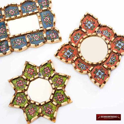 DECORCONTRERAS Peruvian Mirror Set of 3 – Handmade Painted Glass Mirror Wall Decor in Green, Red and Blue