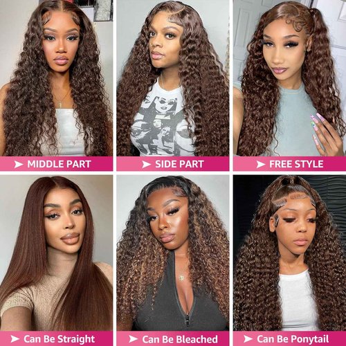 MXTQO 13x6 Lace Front Wigs Human Hair 200 Density Chocolate Brown Deep Wave HD Lace Front Wigs Human Hair Pre Plucked Brown Curly Wig Human Glueless Wigs for Women (24 Inch)