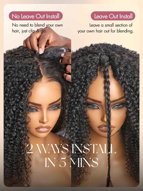 LUVME HAIR V Part Wig Human Hair Drawstring Wig Kinky Curly Half Wig 16 inch U Part 100% Real Human Hair Glueless None Lace Wigs Virgin Hair Machine Made Wigs 200 Density Natural Color