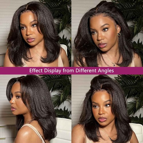 ZIYU Kinky Straight 13x4 Lace Front Wig Human Hair, Kinky Straight Wigs Human Hair Pre Plucked Hairline with Baby Hair, 180% Density Yaki Straight Frontal Wigs for Women Natural Black Color 14 Inch