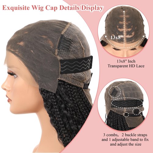 Zurffiy 13x8 Inch HD Lace Short Boho Braided Wigs for Women Knotless Braided Wigs with Curly End Synthetic Hair Brown Box Braid Wig with Baby Hair 18 Inch