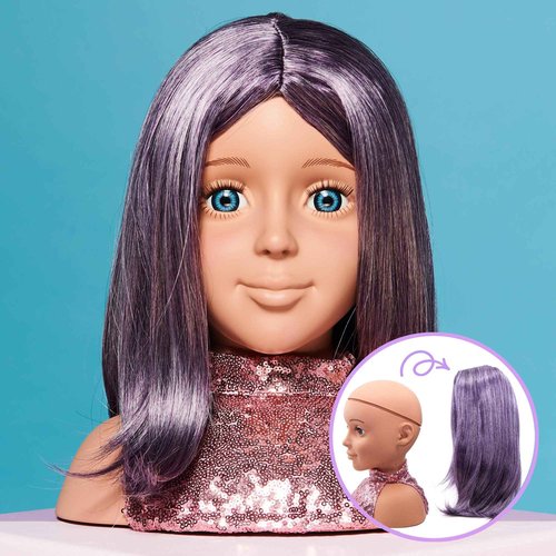 "I'm A Stylist Styling Head Deluxe Lola - Doll Mannequin Head, Interchangeable Wig, Synthetic Fiber Purple Hair Includes Magnetic Lashes, Hair Accessories, Earrings & Face Gems for Kids 8+ Years - 13""" (I000208)