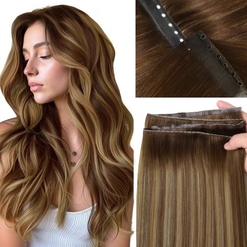 LOXXY Double Weft PU OVO Hair Extensions - 16 Inch 100g Seamless Balayage Chocolate Brown to Caramel Blonde - Invisible Butterfly Real Human Hair Extensions, 1PCS Micro Beads Genius Weft Width 31.5"