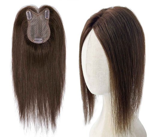 8x11cm Breathable Hair Topper, 12 inches 35g 120% Density Real Human Hair, 3 Non-Slip BB Clips, Wearable on Left, Right & Middle Part, Versatile Styling for Hair Loss & Volume Boost (Brown)