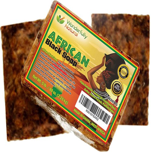 Wonderfully Natural Organic African Black Soap - 5 Pound Best for Acne, Eczema, Dry Skin, Psoriasis, Scars, Dermatitis, White Heads Pimples, Face & Body Wash, Raw Handcrafted Beauty Scrub Bar