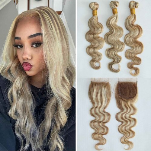 8A Highlight Blonde Human Hair 3 Bundles With 4×4 Lace Closure Pre Plucked P8/613 Two Tone Brown Mixed Ombre Body Wave Brazilian Virgin Human Hair 10+12 14 16 inch