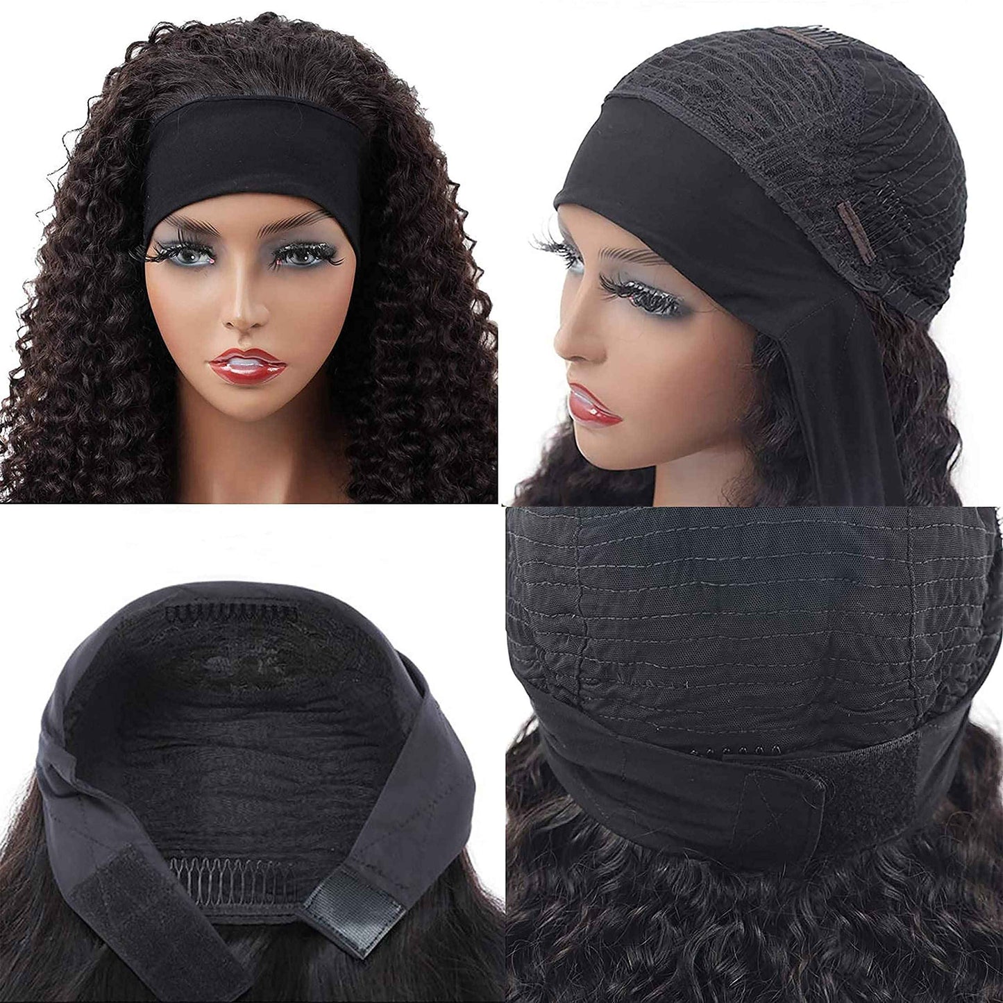 JCL Curly Headband Wig Human Hair Headband Wig 180% Density 12A Glueless Wigs Human Hair 16 Inch Headband Wigs Curly Wave headband Wig Natural Color Human Hair Wigs for Black Women Human Hair