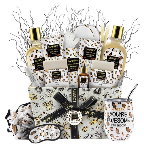 Christmas At-Home Spa Kit with Honey Almond Scent, Bath Gift Basket - Vit E-Rich Bath Essentials, Tumbler, Ear Candles, Bath Oil, Salts, Shower Steamer, Organic Lip Balm & More in Leopard Basket, 21