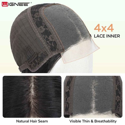 WIGNEE 4x4 Lace Human Hair Wig with Bangs Natural Wave Human Hair Wigs for White Women 14 Inch Glueless Wig With Bangs Human Hair Bang Wig 100% Brazilian Human Hair for Daily Use