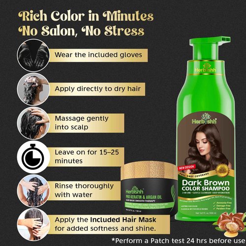 Herbishh Ultimate 3pcs Hair Color Shampoo Dye +1 Argan Hair Mask, Smooth and Long Lasting for Grey Hair Men & Women Easy & Quick to Use-Combo4 (Dark Brown)