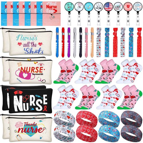 72 Pcs Christmas Nurses Gifts Bulk Nurses Week Appreciation Gift Women with Socks Makeup Bags Penlight Badge Reels Headband Bracelet Hair Rope for Employees Doctors Team Nursing Pharmacists Staff