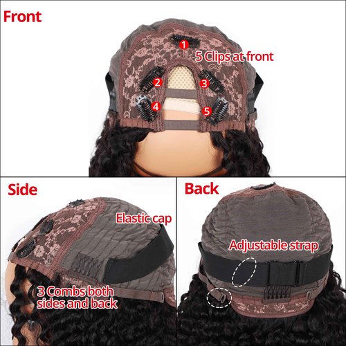 V Part Wig Human Hair 12A Deep Curly Wig Human Hair Glueless U Part Wig with Clip 180% Density Half Wigs for Women Beginner Friendly No Sew In No Glue (1B, 18inch)