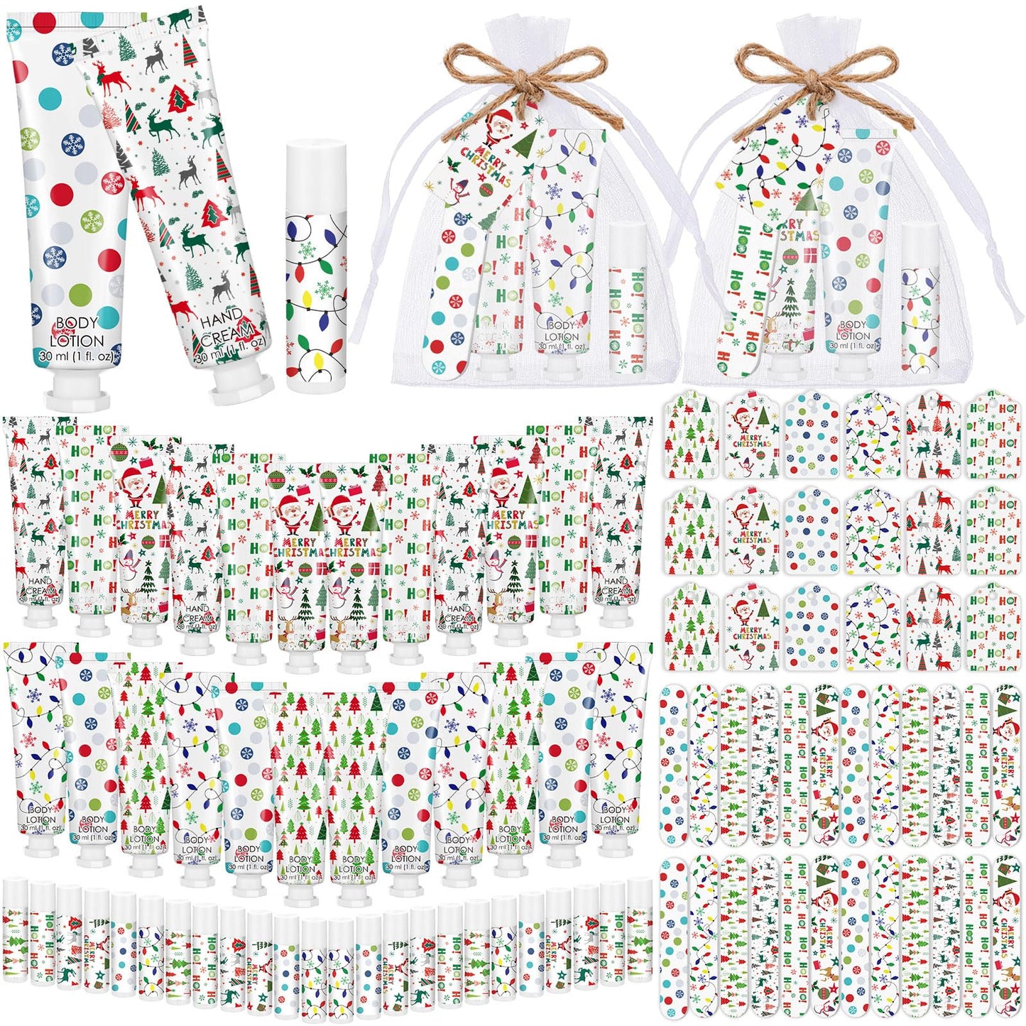48 Sets/288 Pcs Christmas Party Favors Christmas Hand Cream Body Lotion Lip Balm Nail File Gifts Set Xmas Stocking Stuffers Travel Size Lotion Bulk Holiday Party Supplies for Coworkers Women Adults